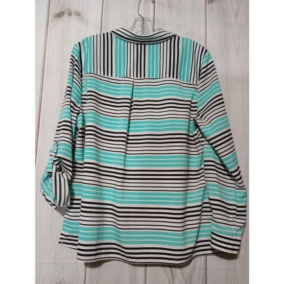 Elementz Shirt Ladies Extra Large Petite Teal Black Striped Button Front Busines - Picture 2 of 8